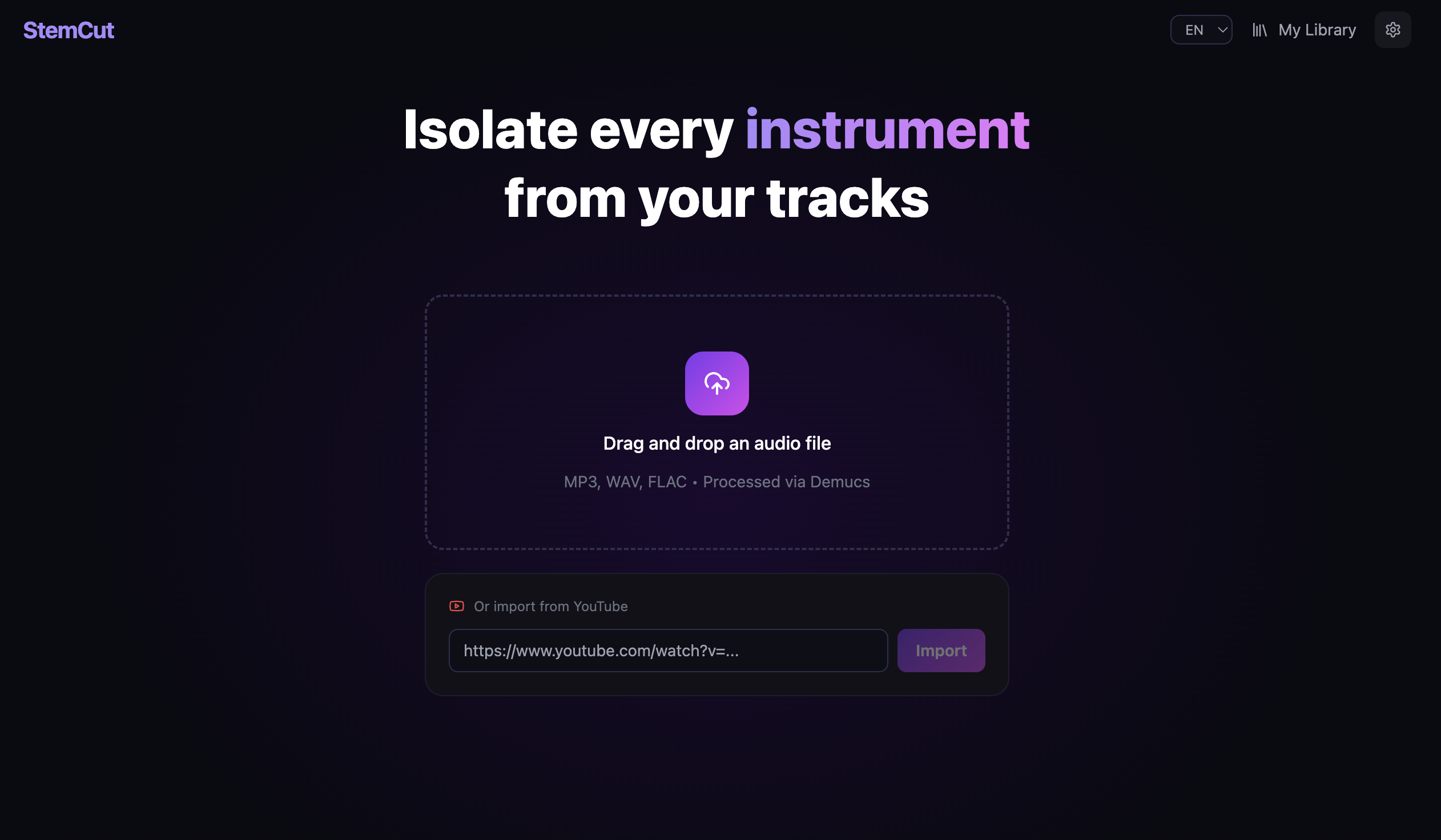 StemCut — Import interface